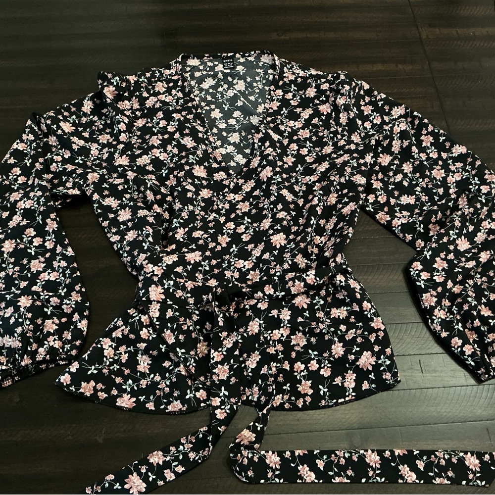 Black Floral Wrap Top with Pink Blossoms